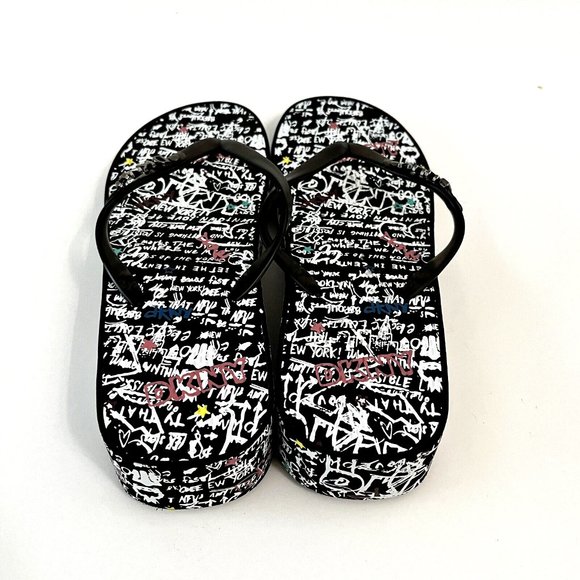 DKNY Jazzi Flip Flop Sandals Size 10 Black White Graffiti Logo Wedge Thong - Picture 5 of 7